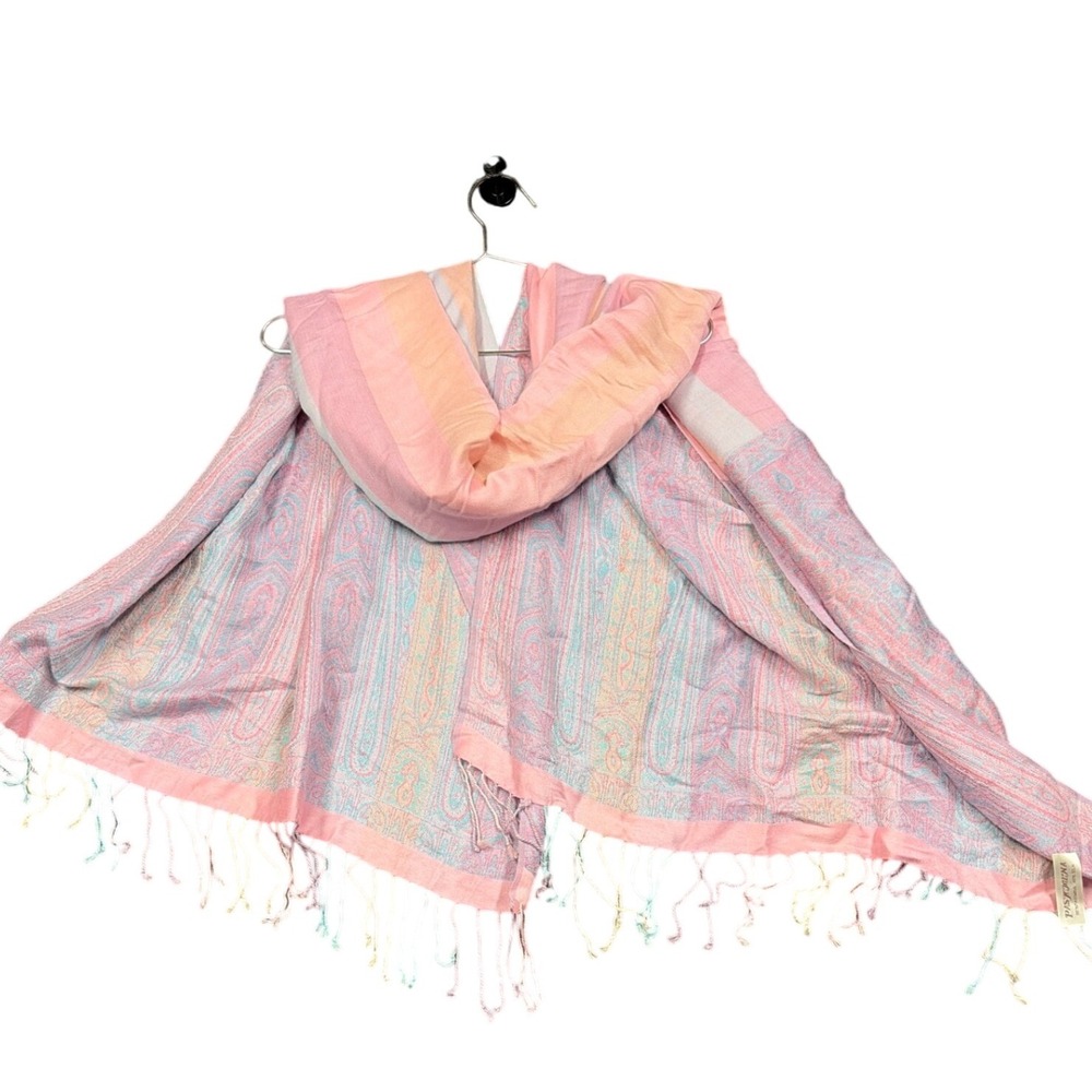 Pashmina Scarf Women OS Pink Paisley Silk Blend Fringe Wrap Shawl Boho Pastel